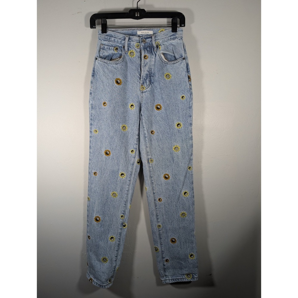 PacSun Dad Blue Jeans Womens 24 Embroidered Smiley Flowers 100% Cotton‎ Denim